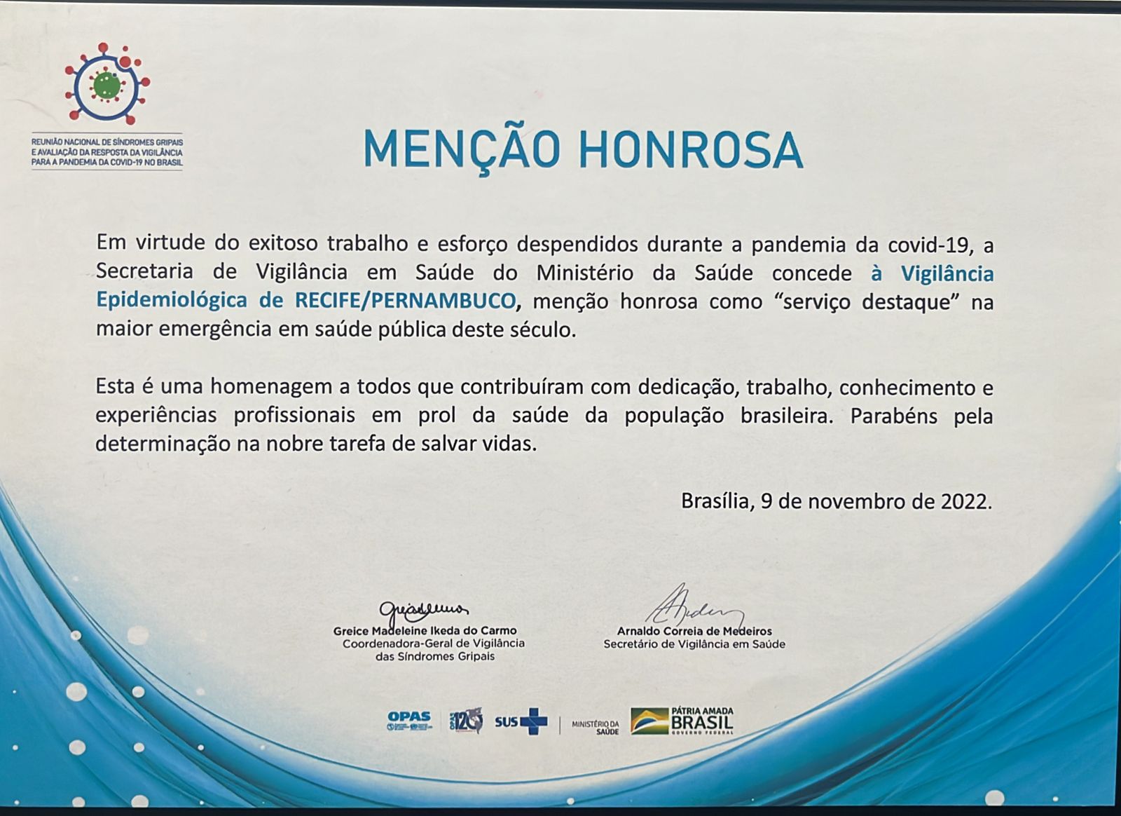 Secretaria de Saúde do Recife recebe menção honrosa do Ministério